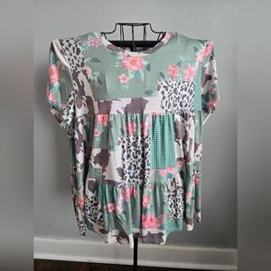 Southern Stitch Floral Faux Patchwork Women's Babydoll Blouse Size 2XL